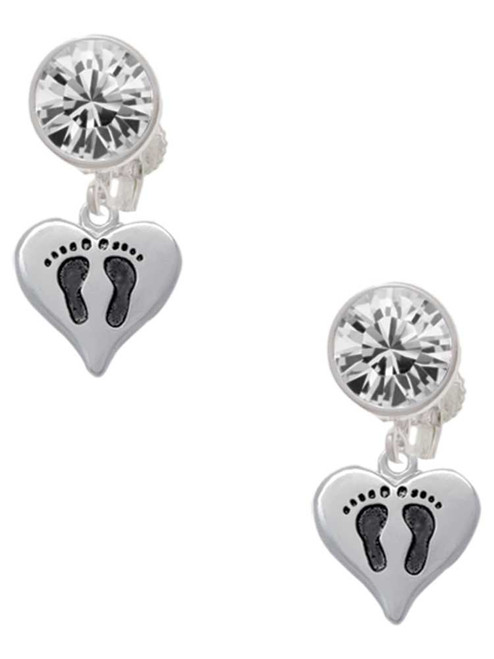 Silver Plated Small Heart with Baby Feet - Crystal Clip on Earrings: Color Choice - Red, Green, Blue, Purple, Pink, Clear, Black