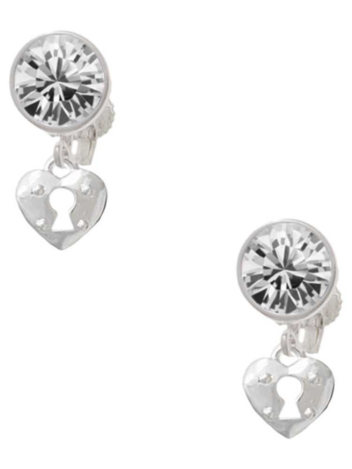 Silver Plated Mini Heart Lock - Crystal Clip on Earrings: Color Choice - Red, Green, Blue, Purple, Pink, Clear, Black