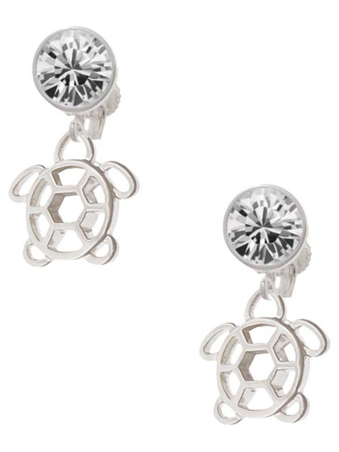 Silver Plated Cutout Sea Turtle - Crystal Clip on Earrings: Color Choice - Red, Green, Blue, Purple, Pink, Clear, Black