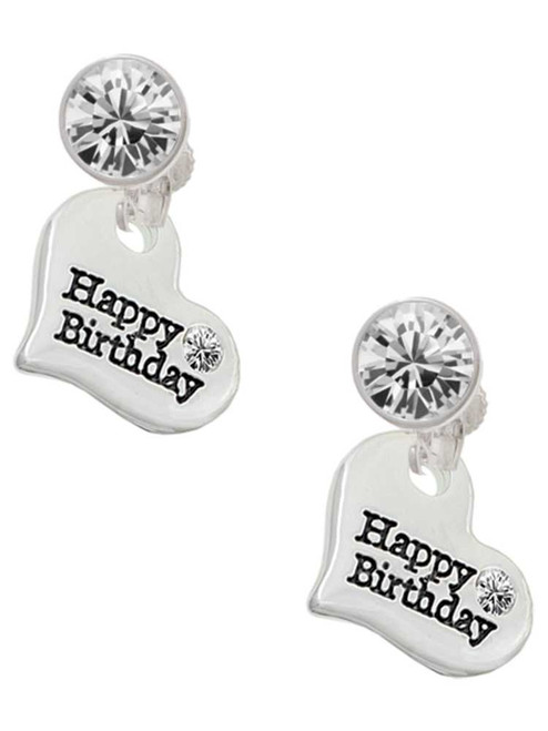 Silver Plated Large Happy Birthday Heart - Crystal Clip on Earrings: Color Choice - Red, Green, Blue, Purple, Pink, Clear, Black