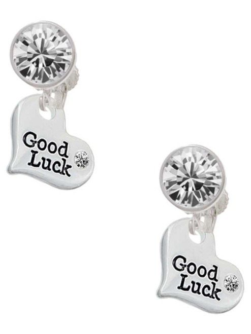 Silver Plated Small Good Luck Heart - Crystal Clip on Earrings: Color Choice - Red, Green, Blue, Purple, Pink, Clear, Black