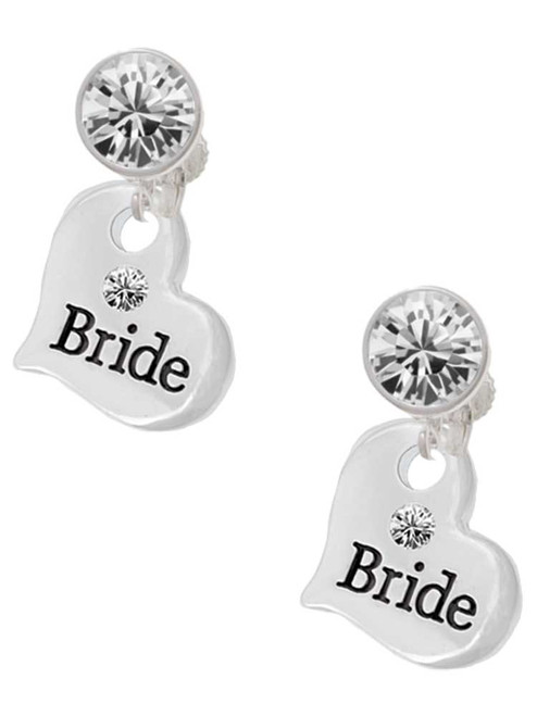 Silver Plated Large Bride Heart - Crystal Clip on Earrings: Color Choice - Red, Green, Blue, Purple, Pink, Clear, Black