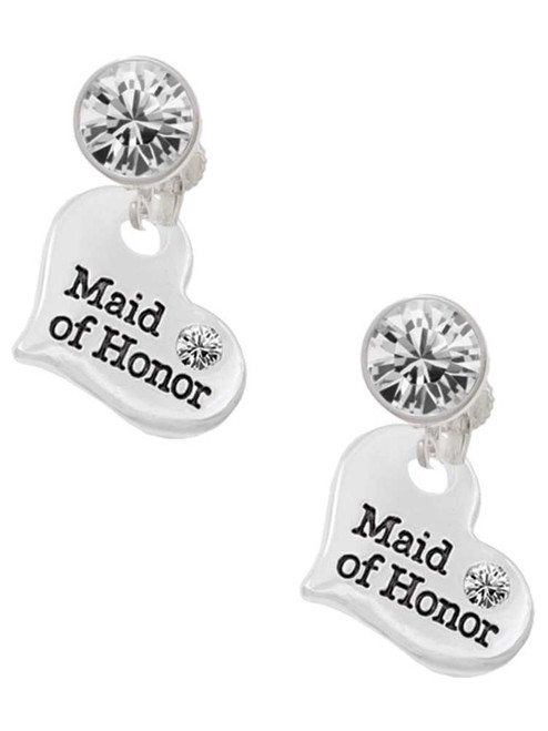 Silver Plated Large Maid of Honor Heart - Crystal Clip on Earrings: Color Choice - Red, Green, Blue, Purple, Pink, Clear, Black
