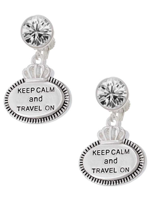 Silver Plated Keep Calm and Travel On - Crystal Clip on Earrings: Color Choice - Red, Green, Blue, Purple, Pink, Clear, Black