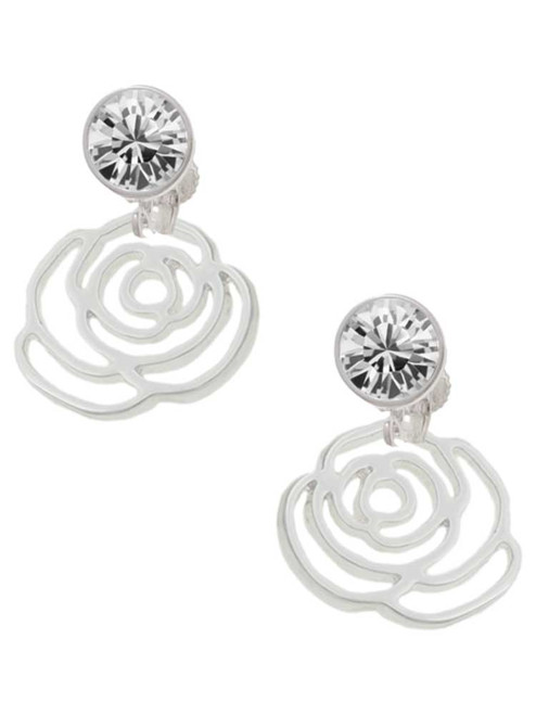 Silver Plated Large Rose Outline - Crystal Clip on Earrings: Color Choice - Red, Green, Blue, Purple, Pink, Clear, Black