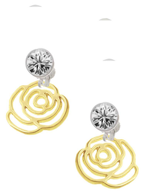 Gold-tone Large Rose Outline - Crystal Clip on Earrings: Color Choice - Red, Green, Blue, Purple, Pink, Clear, Black