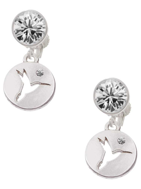 Silver Plated Hummingbird Disc - Crystal Clip on Earrings: Color Choice - Red, Green, Blue, Purple, Pink, Clear, Black