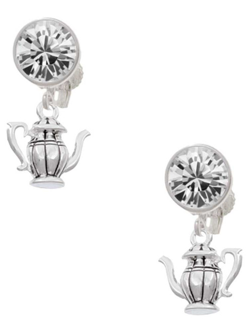 Tea Pot - Crystal Clip on Earrings: Color Choice - Red, Green, Blue, Purple, Pink, Clear, Black