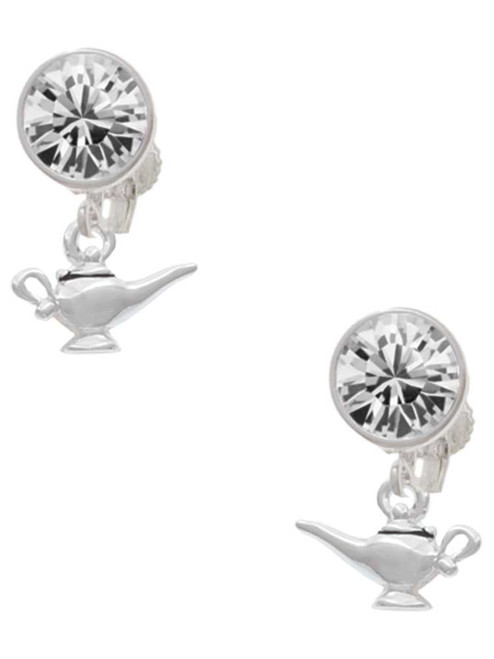 Silver Plated Aladdin's Lamp - Crystal Clip on Earrings: Color Choice - Red, Green, Blue, Purple, Pink, Clear, Black