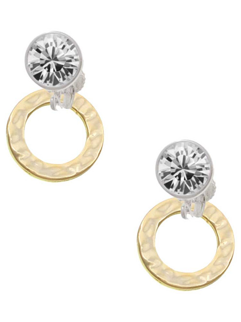 Gold-tone Hammered Karma Ring - Crystal Clip on Earrings: Color Choice - Red, Green, Blue, Purple, Pink, Clear, Black