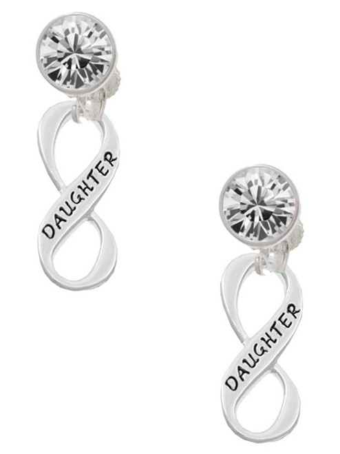 Silver Plated Daughter Infinity Sign - Crystal Clip on Earrings: Color Choice - Red, Green, Blue, Purple, Pink, Clear, Black