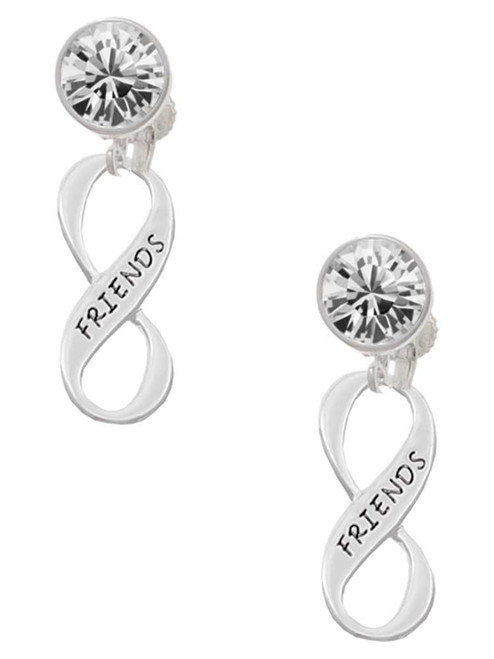 Silver Plated Friends Infinity Sign - Crystal Clip on Earrings: Color Choice - Red, Green, Blue, Purple, Pink, Clear, Black