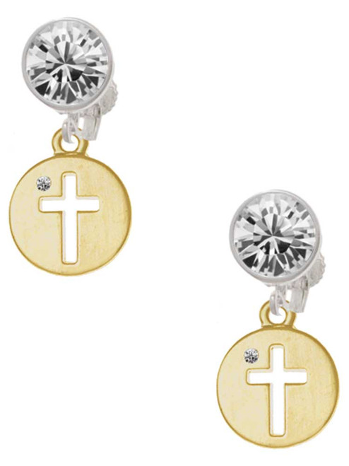 Gold-tone Cross Silhouette - Crystal Clip on Earrings: Color Choice - Red, Green, Blue, Purple, Pink, Clear, Black