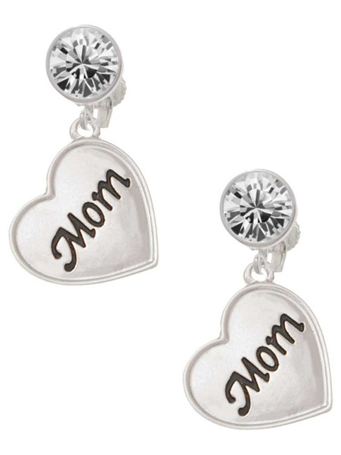 Silver Plated Script Mom Heart - Crystal Clip on Earrings: Color Choice - Red, Green, Blue, Purple, Pink, Clear, Black
