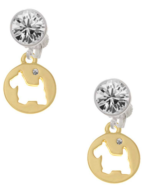 Gold-tone Scottie Dog Silhouette - Crystal Clip on Earrings: Color Choice - Red, Green, Blue, Purple, Pink, Clear, Black
