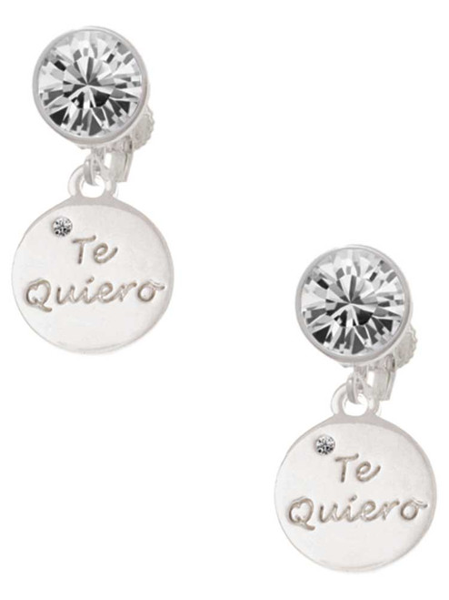Silver Plated Te Quiero Disc - Crystal Clip on Earrings: Color Choice - Red, Green, Blue, Purple, Pink, Clear, Black