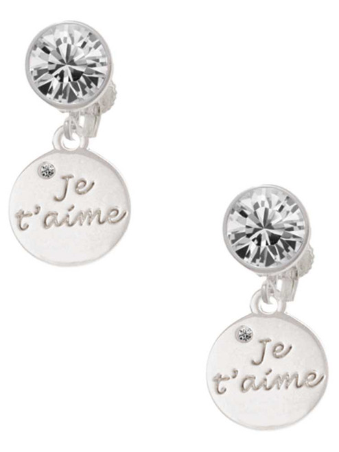 Silver Plated Je T'aime Disc - Crystal Clip on Earrings: Color Choice - Red, Green, Blue, Purple, Pink, Clear, Black
