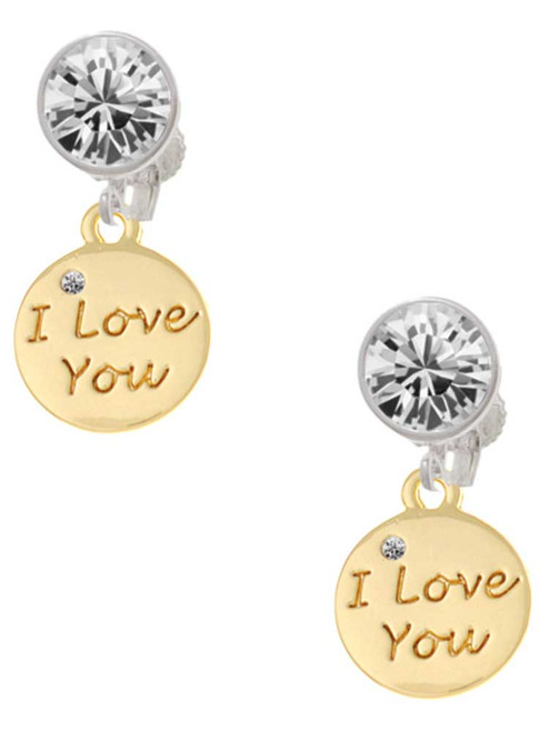 Gold-tone I Love You Disc - Crystal Clip on Earrings: Color Choice - Red, Green, Blue, Purple, Pink, Clear, Black