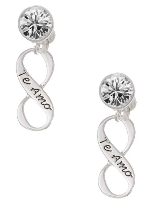 Te Amo Infinity Sign - Crystal Clip on Earrings: Color Choice - Red, Green, Blue, Purple, Pink, Clear, Black