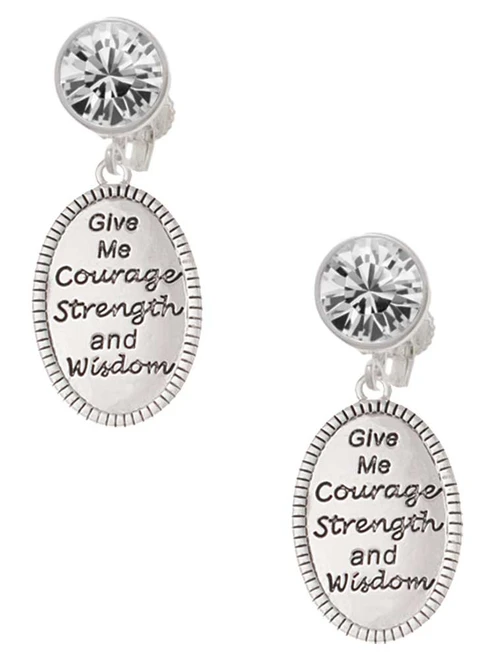 Give Me Courage Strength Wisdom Medallion - Crystal Clip on Earrings: Color Choice - Red, Green, Blue, Purple, Pink, Clear, Black