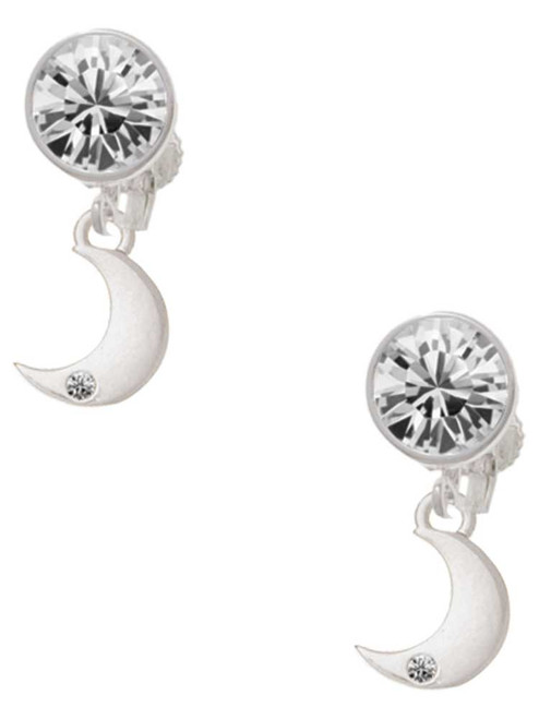 Silver Plated Small Crescent Moon - Crystal Clip on Earrings: Color Choice - Red, Green, Blue, Purple, Pink, Clear, Black