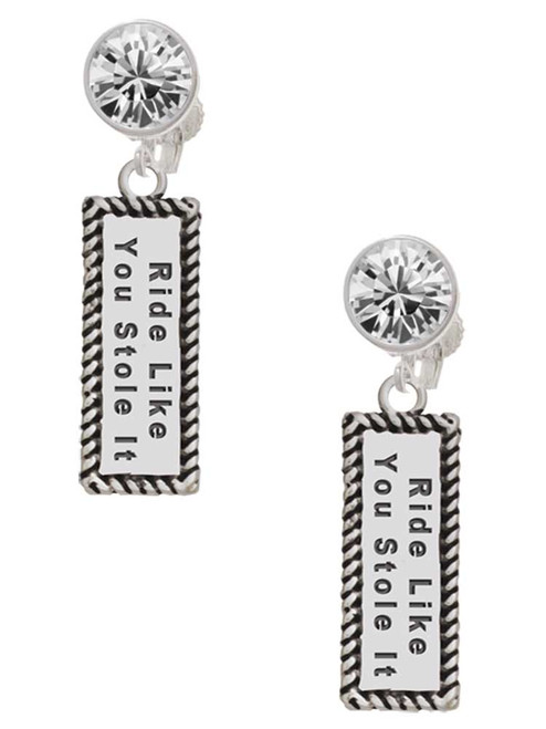 Silver Plated Ride Like You Stole It - Crystal Clip on Earrings: Color Choice - Red, Green, Blue, Purple, Pink, Clear, Black
