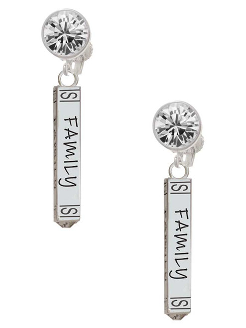 Silver Plated Family Bar - Crystal Clip on Earrings: Color Choice - Red, Green, Blue, Purple, Pink, Clear, Black