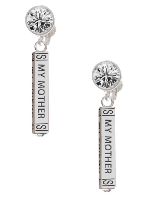 Silver Plated Always My Mother Bar - Crystal Clip on Earrings: Color Choice - Red, Green, Blue, Purple, Pink, Clear, Black
