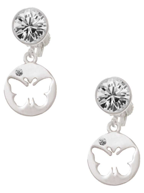 Silver Plated Butterfly Silhouette - Crystal Clip on Earrings: Color Choice - Red, Green, Blue, Purple, Pink, Clear, Black