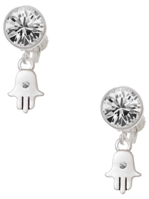 Silver Plated Mini Hamsa Hand - Crystal Clip on Earrings: Color Choice - Red, Green, Blue, Purple, Pink, Clear, Black