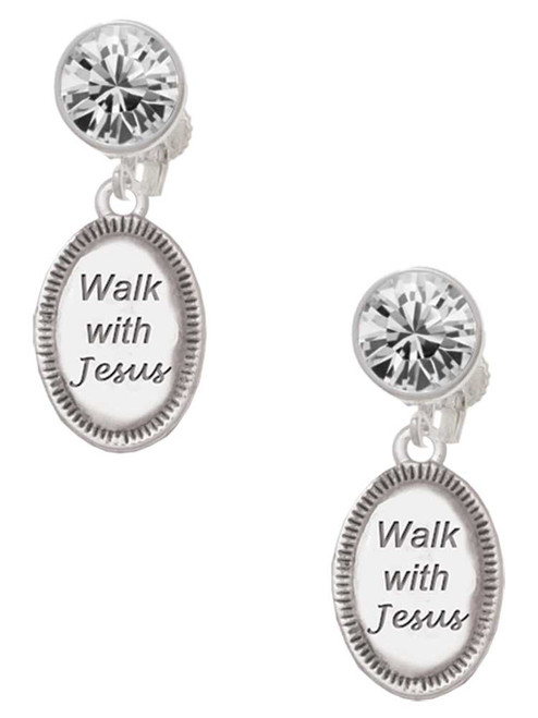 Silver Plated Walk with Jesus Oval - Crystal Clip on Earrings: Color Choice - Red, Green, Blue, Purple, Pink, Clear, Black