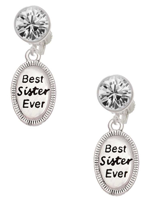 Best Sister Ever Oval - Crystal Clip on Earrings: Color Choice - Red, Green, Blue, Purple, Pink, Clear, Black