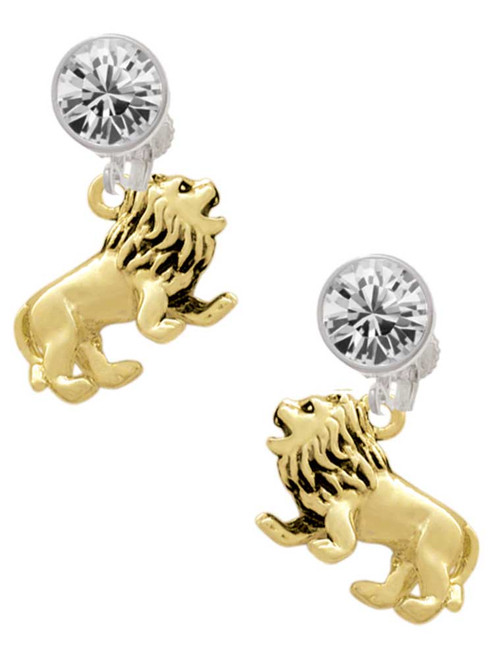 Gold-tone 3-D Lion - Crystal Clip on Earrings: Color Choice - Red, Green, Blue, Purple, Pink, Clear, Black