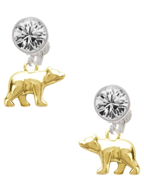 Gold-tone 3-D Bear - Crystal Clip on Earrings: Color Choice - Red, Green, Blue, Purple, Pink, Clear, Black