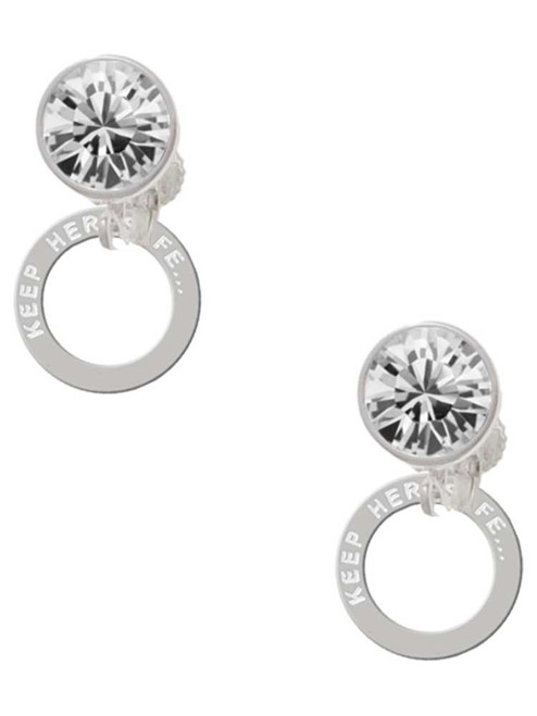 Silver Plated Keep Her Safe Infinity Ring - Crystal Clip on Earrings: Color Choice - Red, Green, Blue, Purple, Pink, Clear, Black