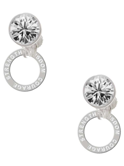 Silver Plated Courage Strength Wisdom Infinity Ring - Crystal Clip on Earrings: Color Choice - Red, Green, Blue, Purple, Pink, Clear, Black