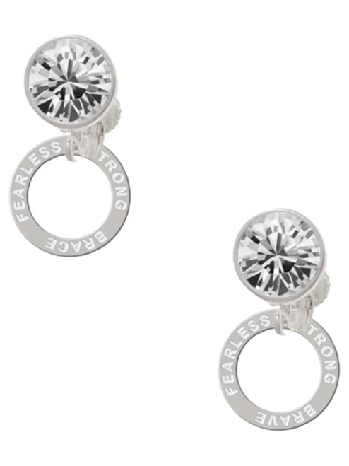 Silver Plated Strong Brave Fearless Infinity Ring - Crystal Clip on Earrings: Color Choice - Red, Green, Blue, Purple, Pink, Clear, Black