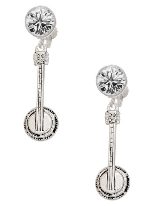 Silver Plated 3-D Banjo - Crystal Clip on Earrings: Color Choice - Red, Green, Blue, Purple, Pink, Clear, Black