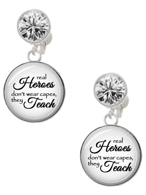 Domed Real Heroes Teach - Crystal Clip on Earrings: Color Choice - Red, Green, Blue, Purple, Pink, Clear, Black