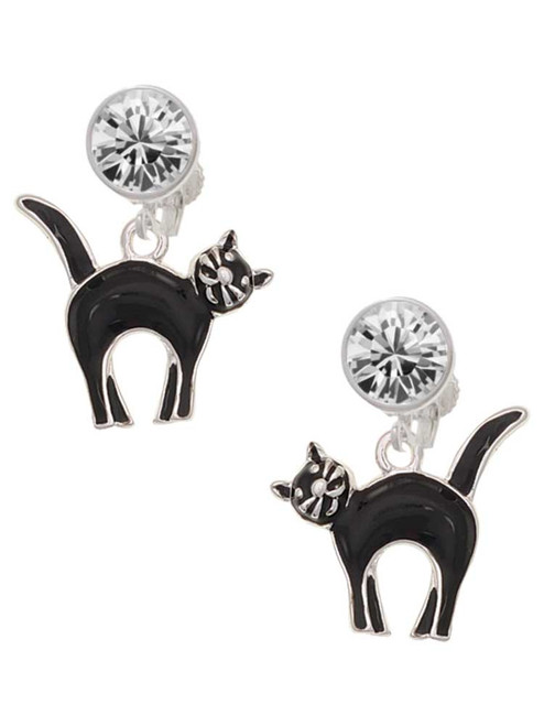 Silver Plated Black Standing Cat - Crystal Clip on Earrings: Color Choice - Red, Green, Blue, Purple, Pink, Clear, Black