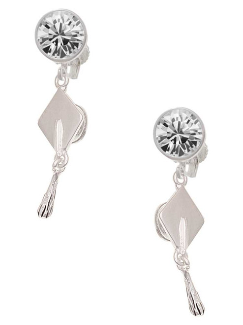 Silver Plated 3-D Graduation Hat - Crystal Clip on Earrings: Color Choice - Red, Green, Blue, Purple, Pink, Clear, Black