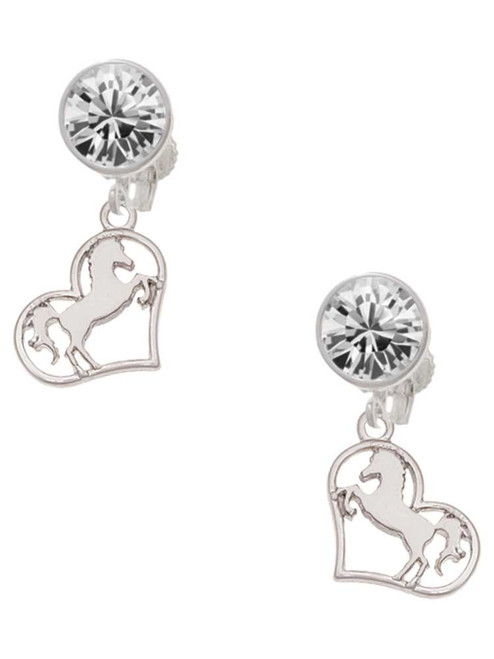 Silver Plated Stallion Silhouette Heart - Crystal Clip on Earrings: Color Choice - Red, Green, Blue, Purple, Pink, Clear, Black