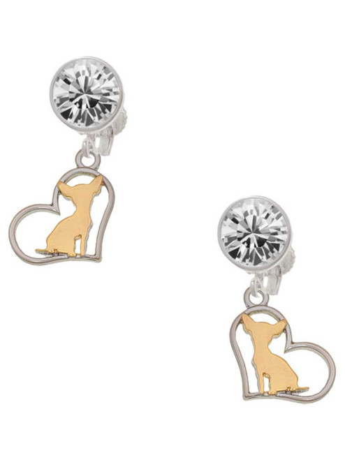 Two-tone Chihuahua Silhouette Heart - Crystal Clip on Earrings: Color Choice - Red, Green, Blue, Purple, Pink, Clear, Black