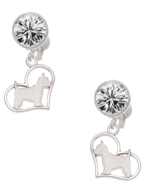 Silver Plated Westie Silhouette Heart - Crystal Clip on Earrings: Color Choice - Red, Green, Blue, Purple, Pink, Clear, Black