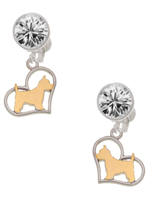 Two-tone Westie Silhouette Heart - Crystal Clip on Earrings: Color Choice - Red, Green, Blue, Purple, Pink, Clear, Black