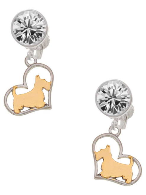 Two-tone Scottie Dog Silhouette Heart - Crystal Clip on Earrings: Color Choice - Red, Green, Blue, Purple, Pink, Clear, Black