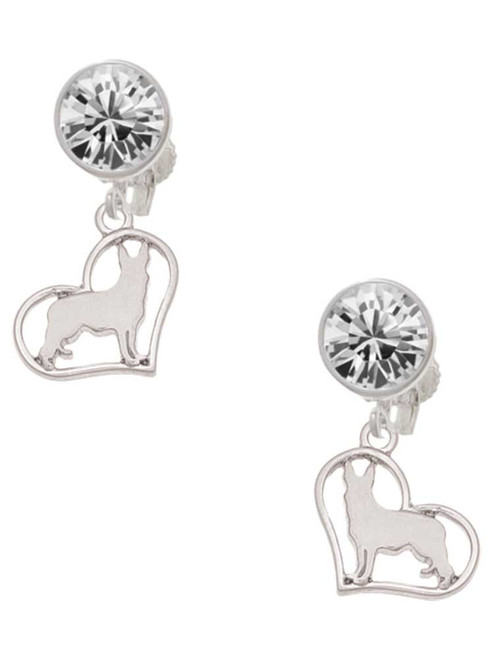 Silver Plated German Shepard Silhouette Heart - Crystal Clip on Earrings: Color Choice - Red, Green, Blue, Purple, Pink, Clear, Black