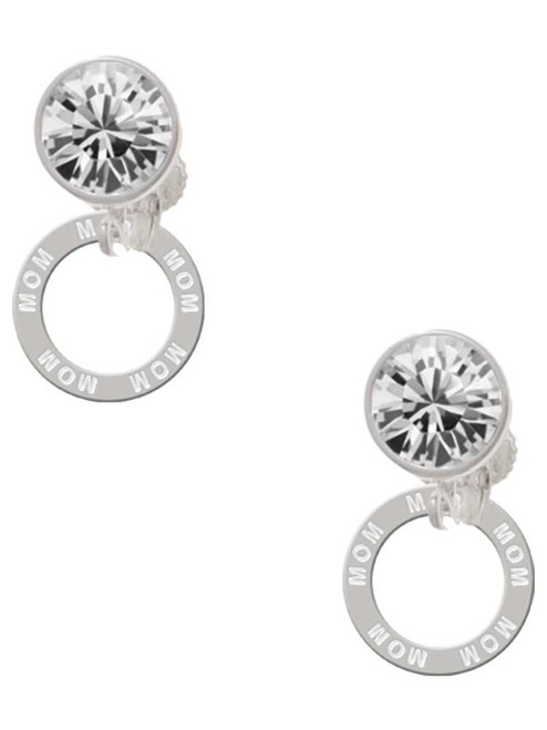 Silver Plated Mom Eternity Ring - Crystal Clip on Earrings: Color Choice - Red, Green, Blue, Purple, Pink, Clear, Black