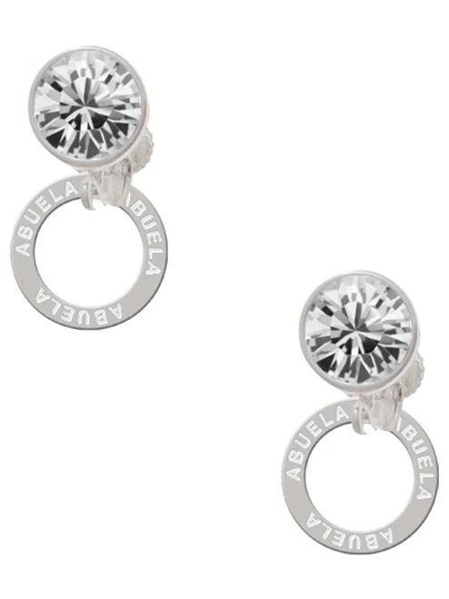 Silver Plated Abuela Eternity Ring - Crystal Clip on Earrings: Color Choice - Red, Green, Blue, Purple, Pink, Clear, Black