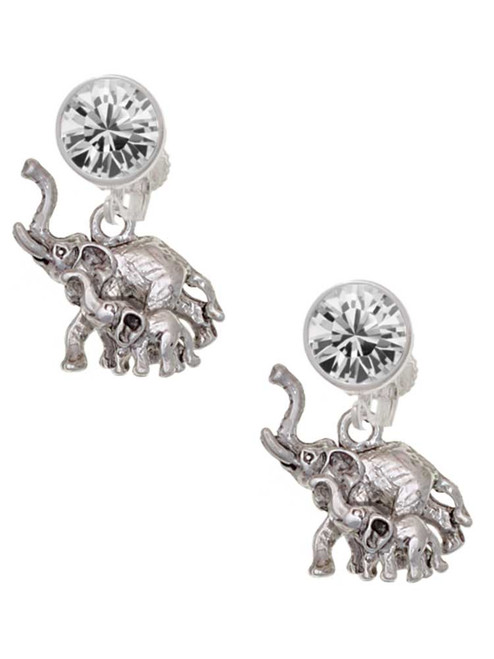 Silver Plated Elephant with Baby - Crystal Clip on Earrings: Color Choice - Red, Green, Blue, Purple, Pink, Clear, Black